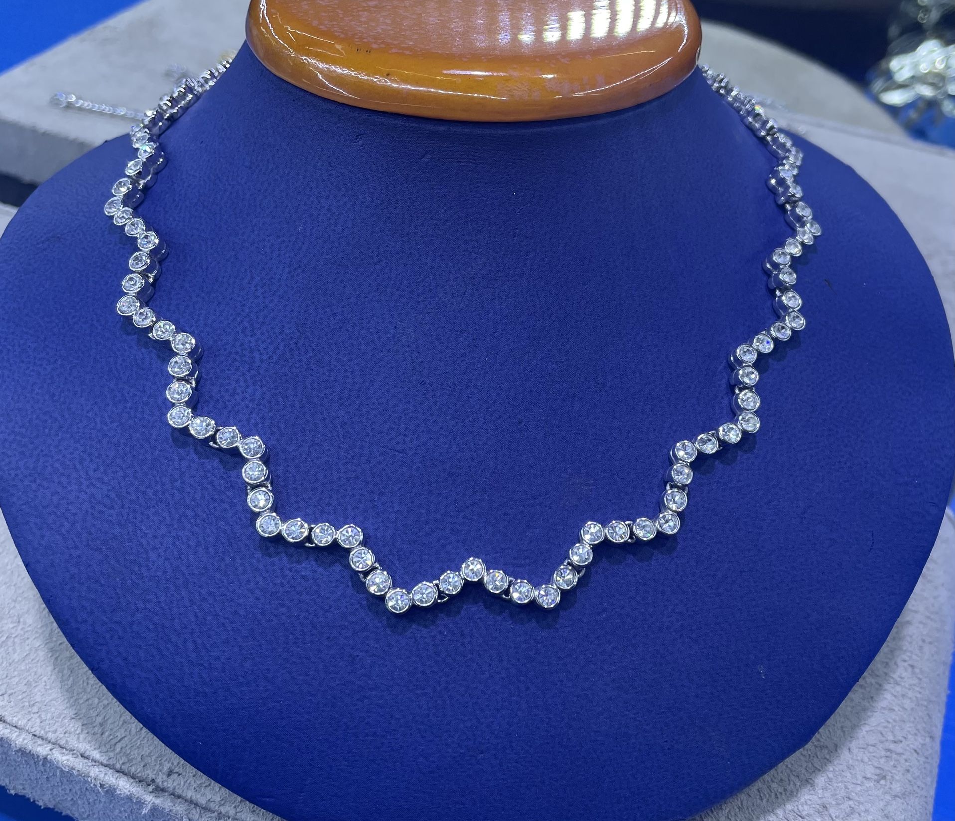 Star Zig Zag Diamond Tennis Necklace 16" Bezel set 18k White Gold Rhodium Custom