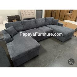 New! Grey 120”L Double Chaise Sectional Sofa, Corduroy Sectional, U-Shaped Sectional, Grey Sectional With Chaise, Soft Plush Sectional,Sofa,Sectional 