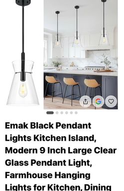 Emak Black Pendant Lights Kitchen Island, Modern 9 Inch Large Clear Glass Pendant Light, Farmhouse H