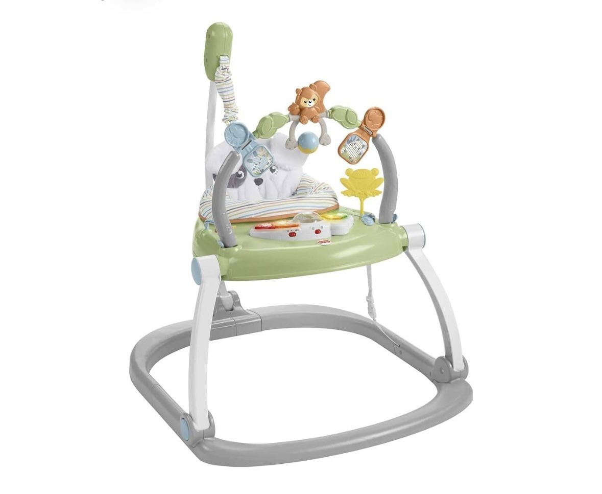 Fisher-Price Baby Bouncer SpaceSaver Jumperoo Activity Center with Lights Sounds and Folding Frame, Sweet Snugapuppy