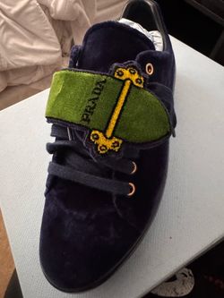 Prada Navy Blue/Green Velvet Cahier Velcro Sneakers