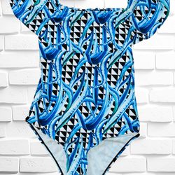 Unbranded Women’s Medium Blue White Geometric Print Off-Shoulder Ruffle Swimsuit
