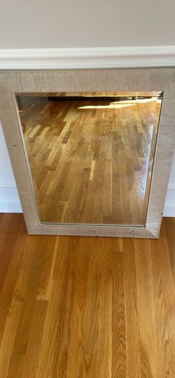 Elegant framed mirror with a light champagne/beige textured frame