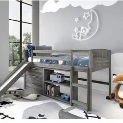 Kids Twin-size Loft Bed with Slide and Stairs (Antique Grey)  plus Dresser and Bookcase