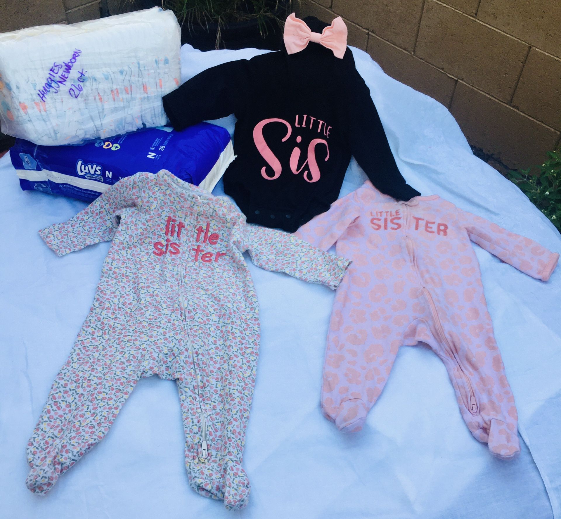 Newborn Litte Sister Print Onesie + 2 Zipper Pajama Size 3 To 6 Months + Pack Of 40ct Luvs Newbwborn Diapers & 26 Ct Huggies NB Diapers All For $18