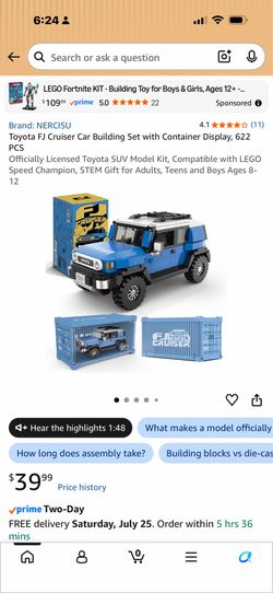 Toyota FJ Cruiser Car Building Set with Container Display, 622 PCS Officially Licensed Toyota SUV Model Kit, Compatible with LEGO Speed Champion, STEM