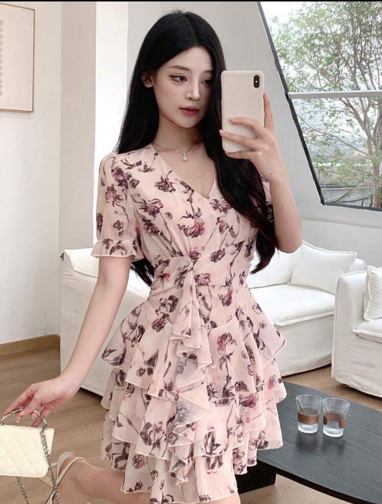 DAZY Women Summer Floral Print Ruffled Cinched Waist Dress Sundress