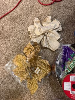 Holiday Decoration Lot with Bow and Gold Leaves
