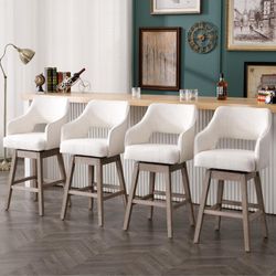 27" Counter Height Swivel Barstools Set of 4, Linen Fabric 5-Inch Upholstered Bar Chair with High Back and Solid Wood Bar Stools for Kitchen Island, L