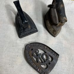 Two Antique Irons With Trivet  Stand