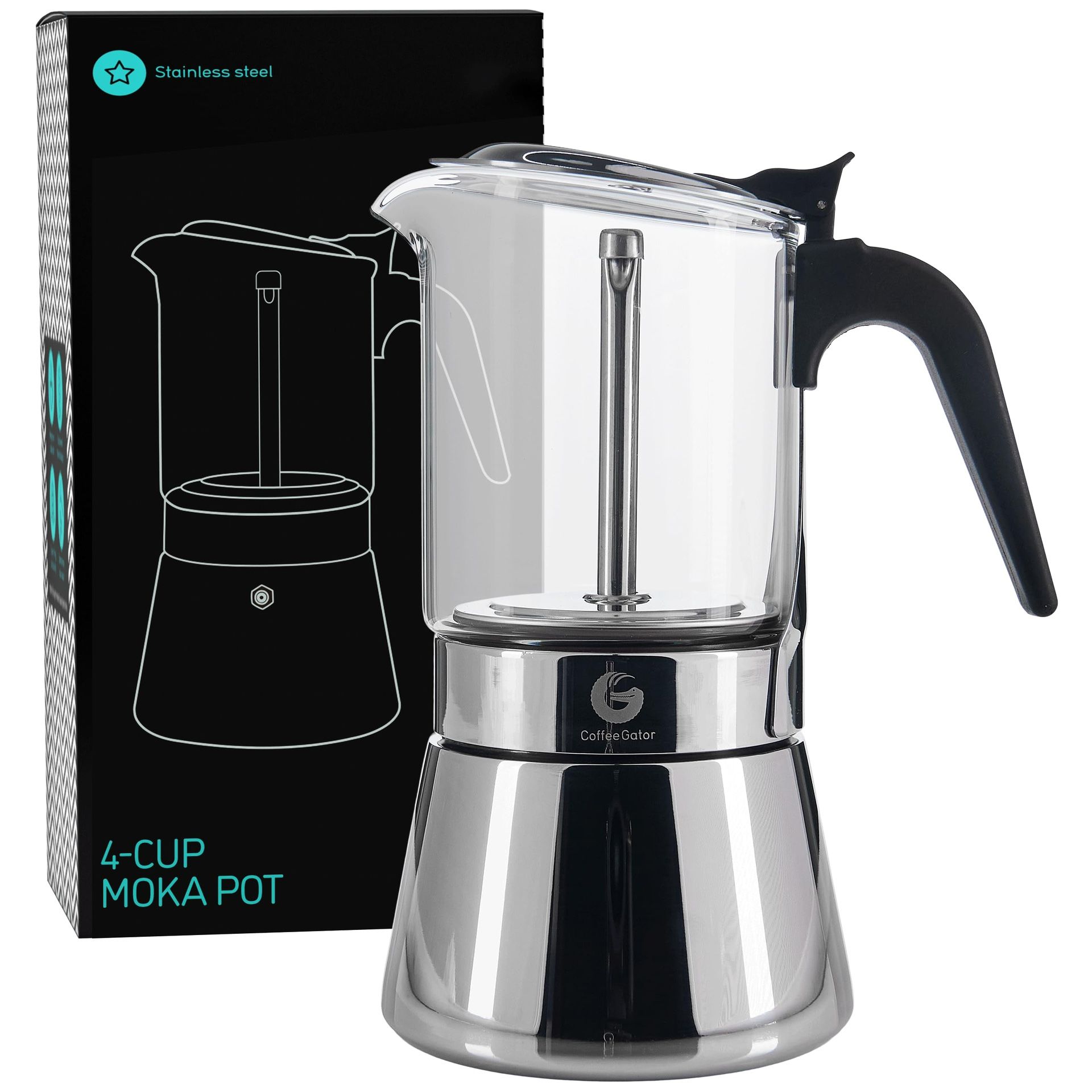 Coffee Gator 4 Cup Moka Pot, 6.7oz Stovetop Espresso Maker for Italian Coffee, Transparent Glass & Stainless Steel Design, Silver, 200ml