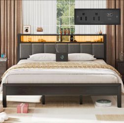 Queen Size Bed Frame with LED Lights and Charging Station, Grey
Industrial Metal Platform Bed with Upholstered Storage Headboard, Noise-Free No Box Sp