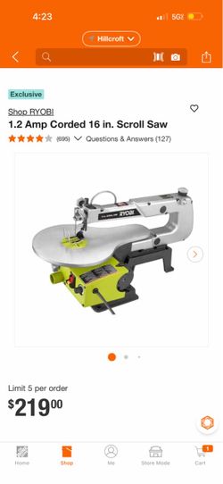 Ryobi 16 in Variable Speed Scroll Saw Corded 1.2 Amp Tilting Cut Table SC165VS