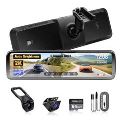 ☆ PORMIDO OEM Rear View Mirror Camera with Auto-Brightness, 11" Mirror Dash Cam with 2K Ultra-Bright Touchscreen, Detached Front Backup Rearview Zoom 