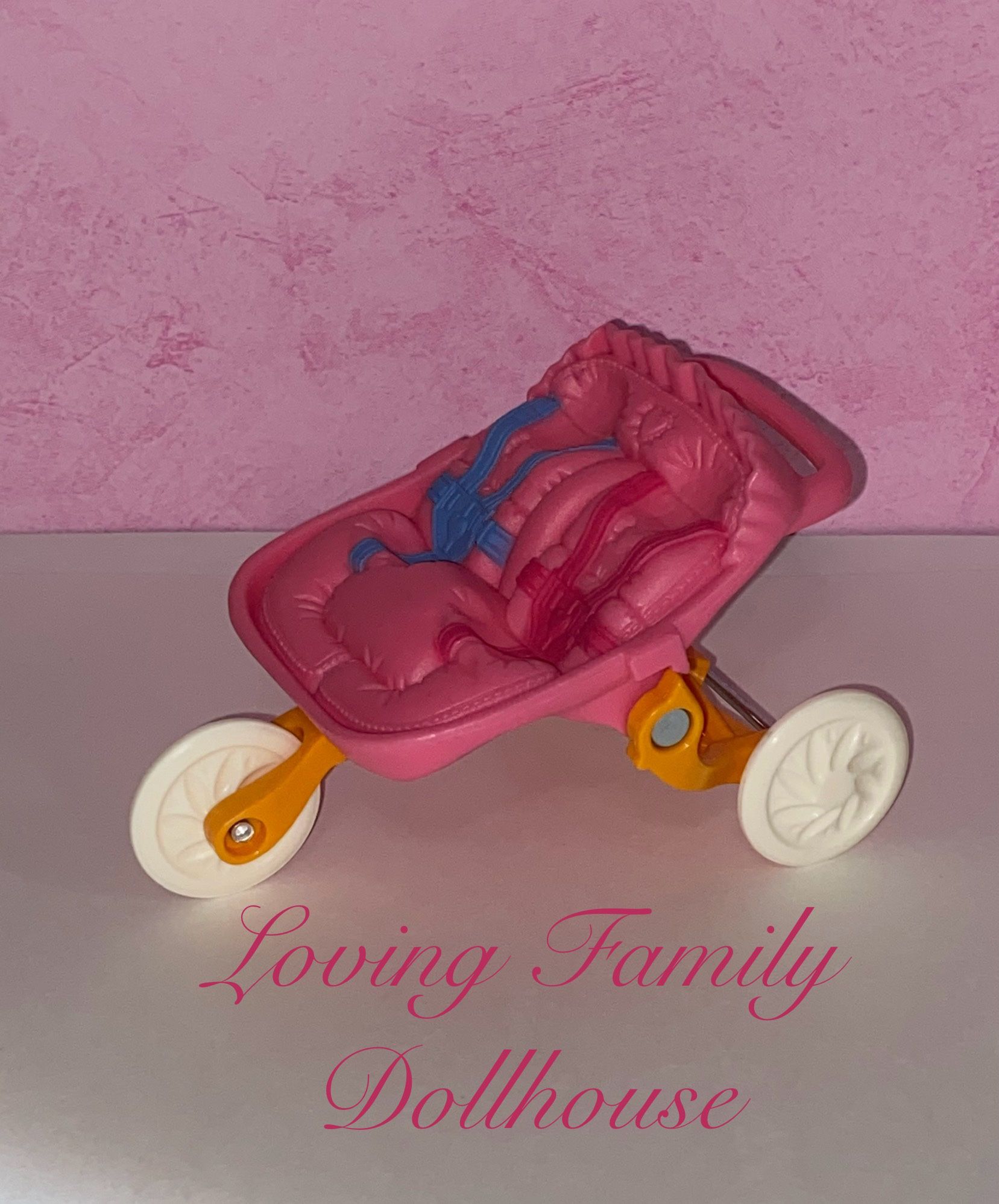 Fisher Price Loving Family Dollhouse Pink Jogger Twin Baby Doll Pram Stroller