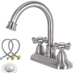 Brushed Nickel Bathroom Faucet with Drain Assembly and Supply Hose, 2-Handle 4 Inch Centerset Faucet for bathrooms,High Arc Swivel Spout Bathroom Sink