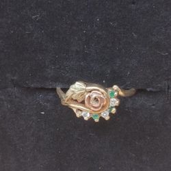 Vintage 10K Gold Rose Ring with Emeralds(1 missing) and Diamonds,  Size 7