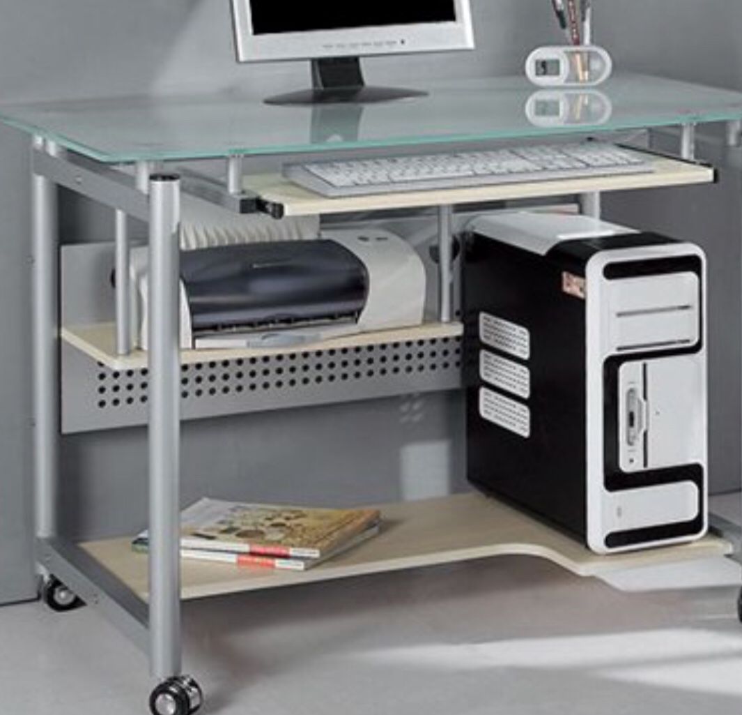 New!! Rolling computer desk, computer desk. Glass and metal