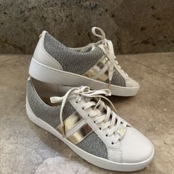 MICHAEL KORS IRVING STRIPE LACE UP SNEAKERS PALE GOLD GLITTER MESH Size 6