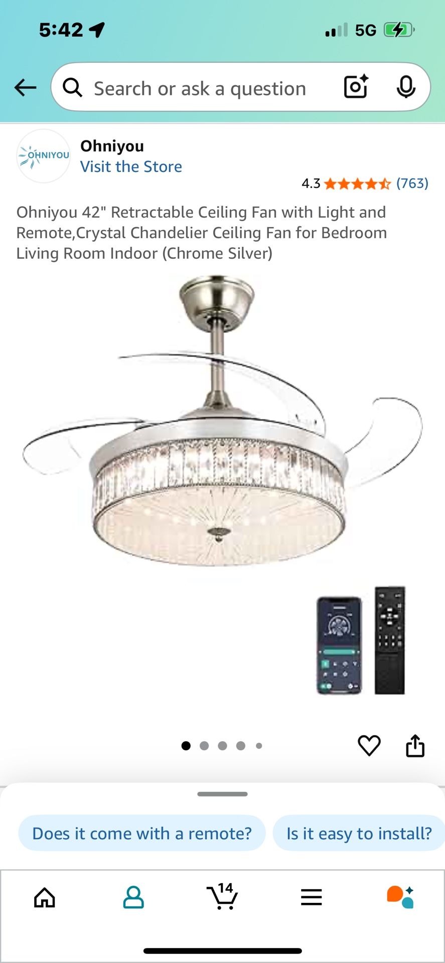 Retractable Ceiling Fan with Lights & remote 