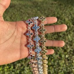 Flower 4 Leaf Clover Iced Out Premium Quality Chains & Bracelet Rose Gold Gold | Pink | Silver| Blue