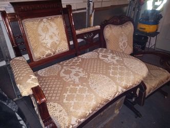 Beautiful Loveseat, Parlor Chair, Settee. . Carved Wood & Original Upholstery. Gossip Chair