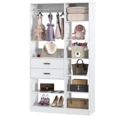 Freestanding Closet System, 40 Inches Stand-alone Wardrobe with 10 Shelves, 80'' Height Adjustable Cloth Garment Rack with 2 Wood Drawers, Wood Walk-i