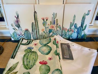Cactus art and shower curtain