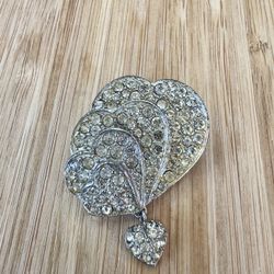 Vintage Les Bernard Rhinestone Heart Brooch – 1970s–1980s Layered Hearts with Dangle Charm