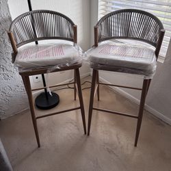 Set of 2 Christopher Knight Patio Barstools - NEW - Maple & Woven Wicker