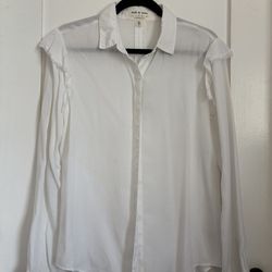 Cloth & Stone Anthropologie White Frayed Ruffle Button-Down Shirt Size M
