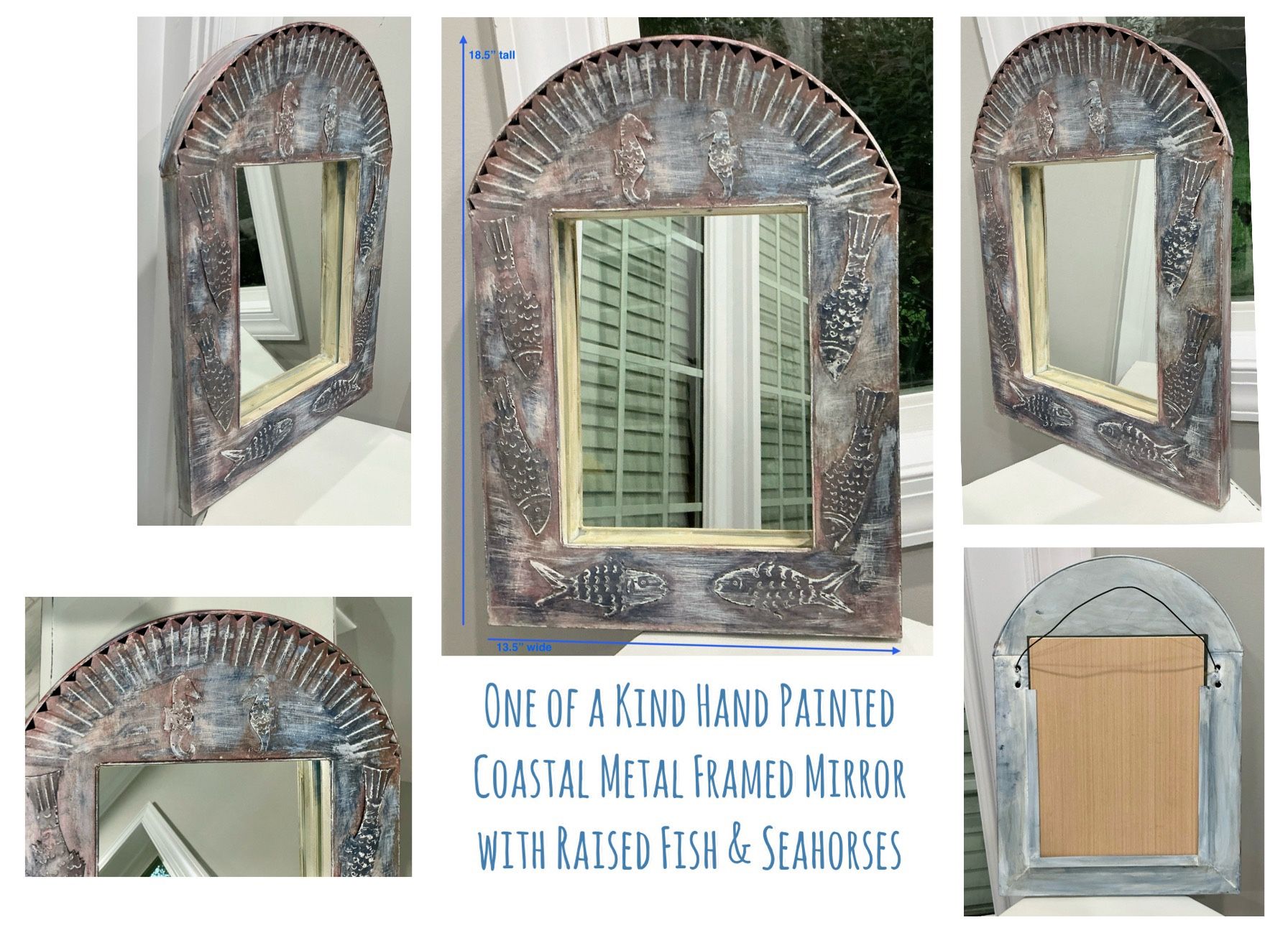 One of a Kind Hand Painted Coastal Metal Framed Mirror with Raised Fish & Seahorses