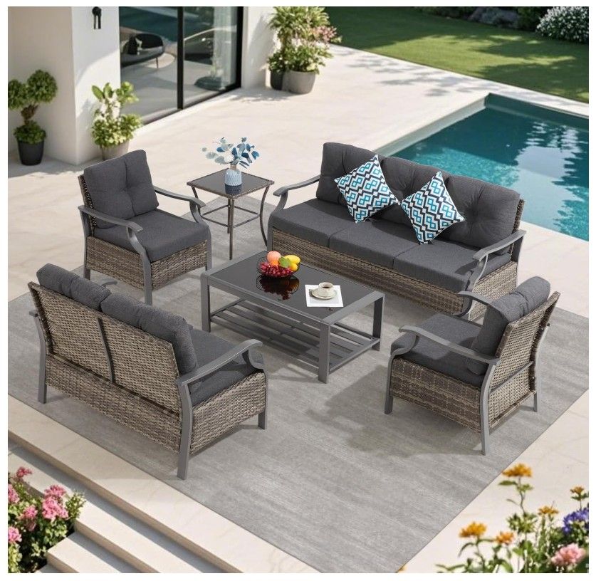 6 Pieces Metal Patio Furniture Set, Wicker Outdoor Conversation Set with Sectional Sofa Couch and Loveseat Chair for Porch Deck Bistro Lawn Garden Bac