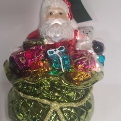 Beautiful Vintage Glassware Art Studio Poland Santa In Bag Of Gifts Ornament 