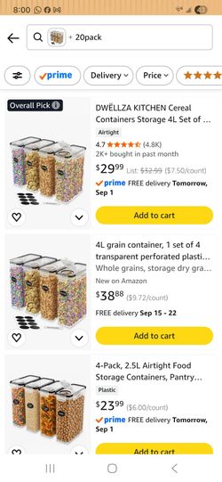 Cereal Containers Storage 20 containers 
New,  asking $60 for the 20pack or $15 each 4set