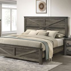 GRAY RUSTIC FARMHOUSE QUEEN OR EASTERN KING SIZE BED FRAME CAMA