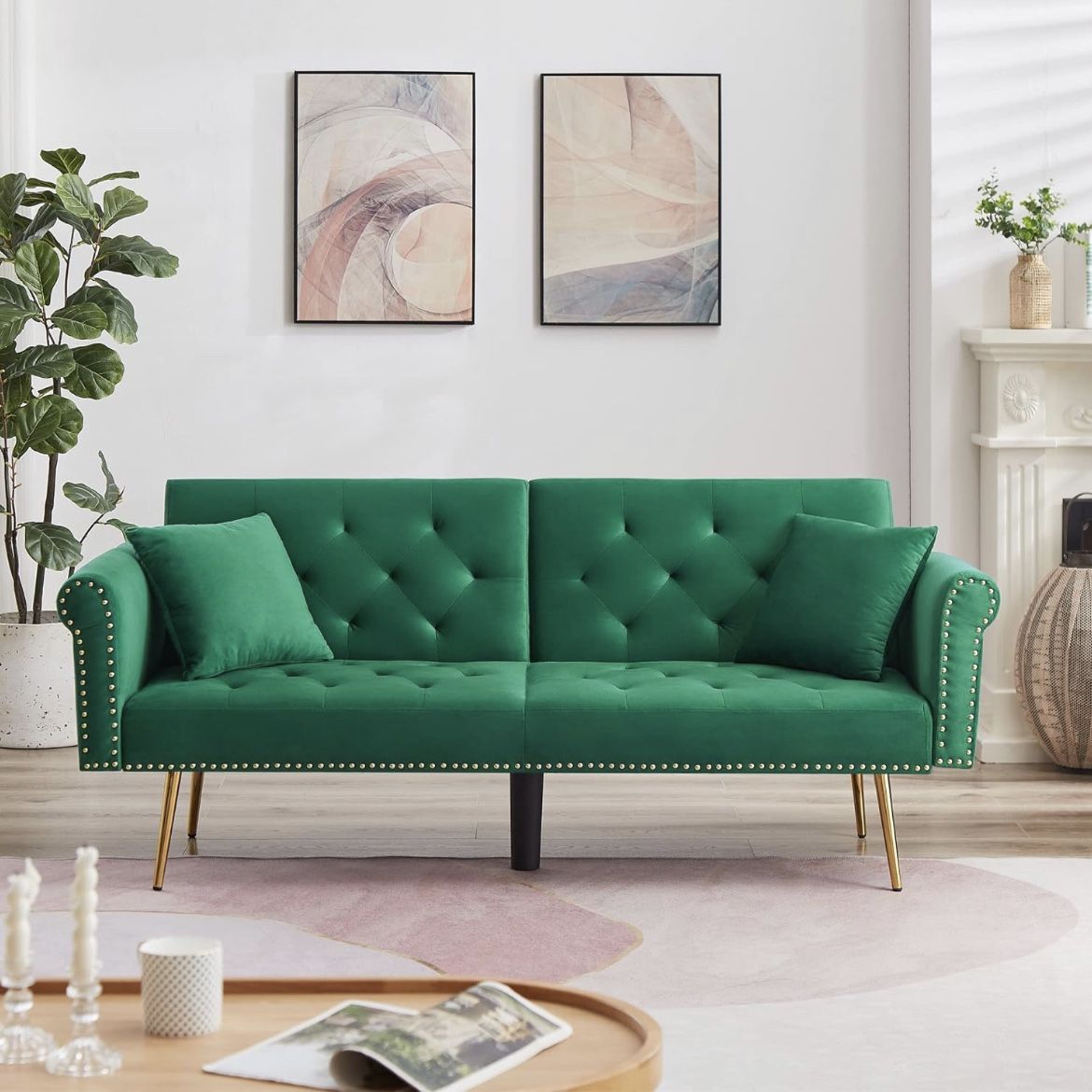 Futon Sofa Bed Velvet Folding Sleeper Loveseat, 2-in-1 Loveseat Recliners for Living Room, Convertible Settee w/ Pillow, Green