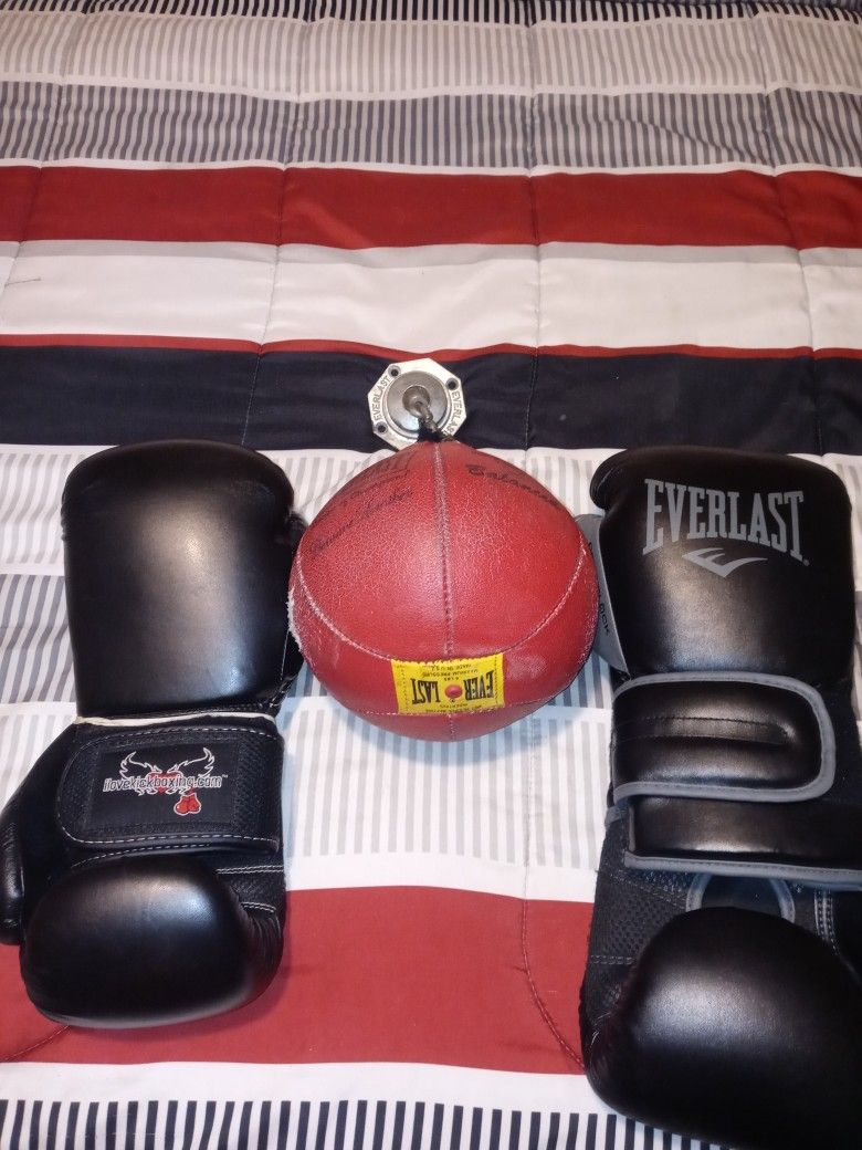 2 Pair Of Kick Boxing Gloves and speed Bag