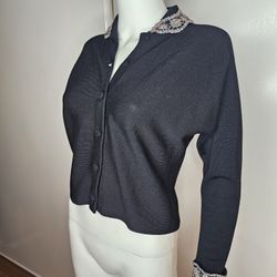 VTG Rare W.F. Adlmuller Button Up Sweater Handmade Collar With Beading Embroider