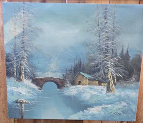 vintage oil painting on canvas depicting a snowy winter landscape