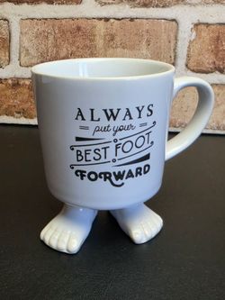 Dillan Kendall Footed Ceramic Mug ~ Best Foot Forward White Black 10 oz. Cute!