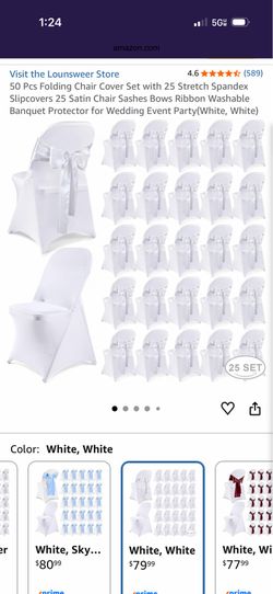 50 sets of white spandex chair covers and white bows