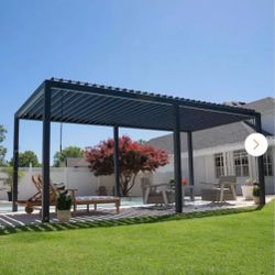 Backyard Sarasota 20 ft. x 10 ft. Black Powder Coated Steel Louvered Pergola with Integrated Drainage and Gutter Guards