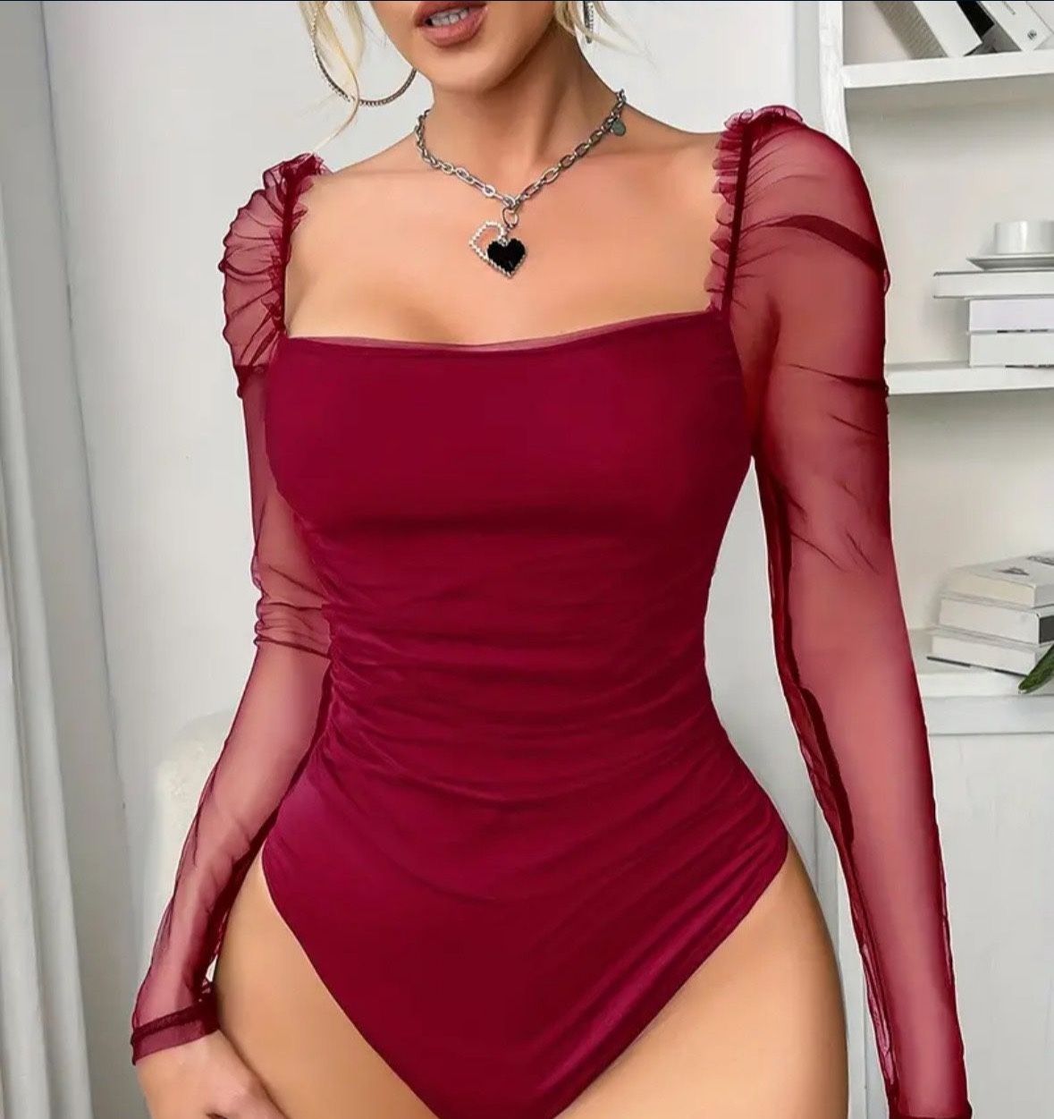 Sheer Material Burgundy Bodysuit