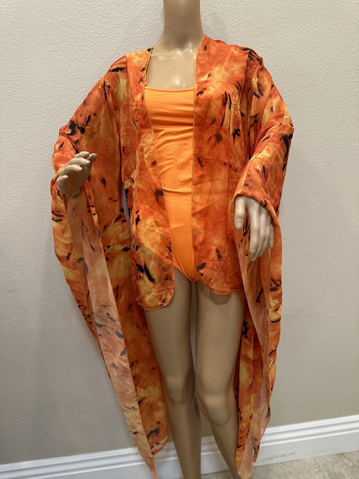 Bright Orange 2 Piece Tank Swimsuit And Butterfly Sleeve Kimono Robe Cover Up Medium Large 6/7