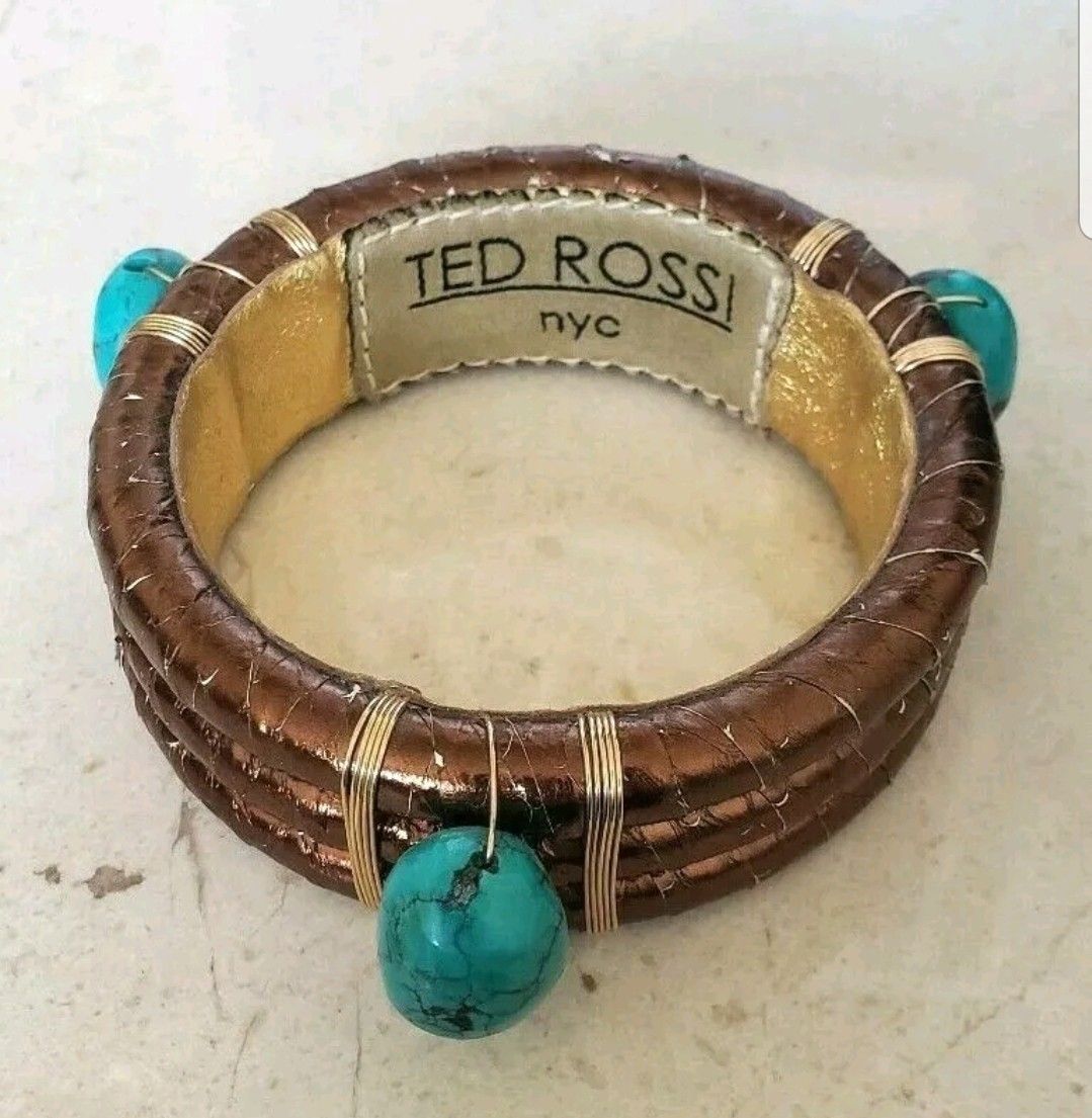 New Ted Rossi NYC Bronze Leather Turquoise Stone Bangle Bracelet