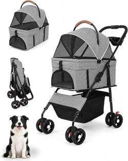 Pet Stroller, 3 in1 Foldable Dog Cat Stroller with Detachable Carrier-Gray 35lbs Lightweight Foldable Dog Stroller, 4 Wheels, Compact Trave
