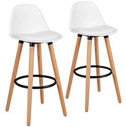 New Set of 2 Mid Century Barstool 28.5" Dining Counter Height Chair with White Leather Upholstery