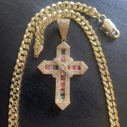 14K Stamped Gold Diamond Cross Chain 24MM