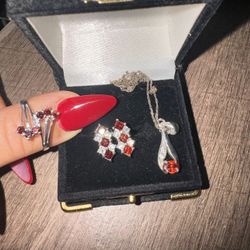 Stunning Jewelry Gift Set Sterling Silver Ruby Earrings Ring Necklace 